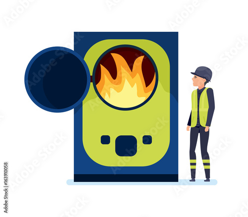 Worker burns garbage in special oven, sorts garbage and recycles.