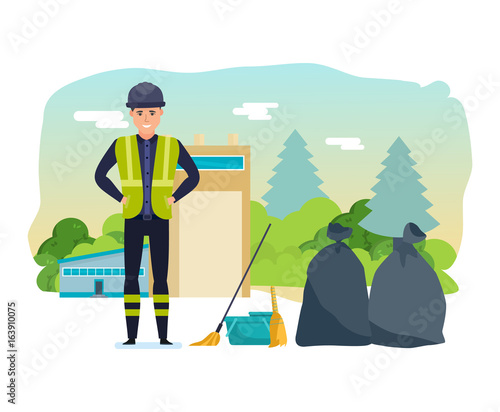 Worker collects garbage, sort, for further processing of household waste.