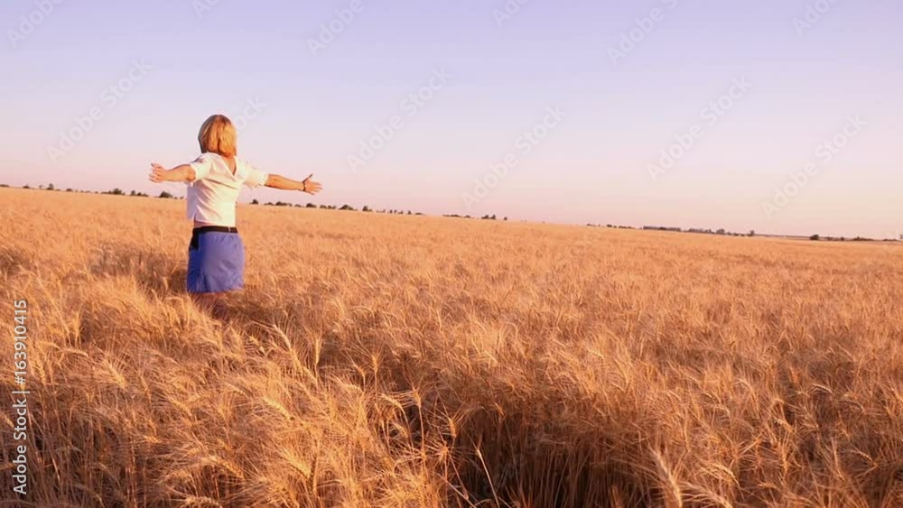 Fabulous view of a happy young woman, dressed in embroidered Ukrainian shirt, who turns around with hands aside in a yellow wheat field on a sunny day in summer in slow motion. The skyscape is great. Fabulous view of a happy young woman, dressed in embroidered Ukrainian shirt, who turns around with hands aside in a yellow wheat field on a sunny day in summer in slow motion. The skyscape is great.