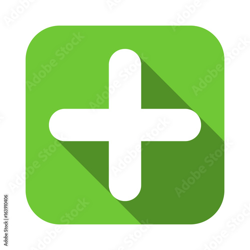 Plus sign flat square green icon, button with long shadow. Vector EPS10
