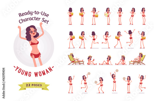 Ready-to-use young woman in swimwear character set, various poses and emotions