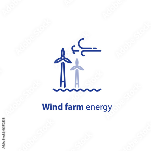 Offshore wind turbines line icon, green energy concept logo
