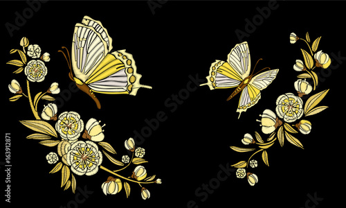 Embroidery ethnic flowers and butterfly, line design fashion wearing. Vector vintage , decorative element for embroidery, patches and stickers. Goldwork