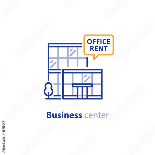 Business center, glass modern building, rent promotion
