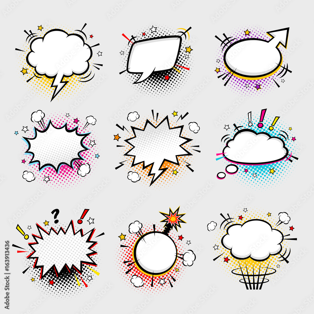Comic empty speech bubbles on halftone dots background with colorful ...