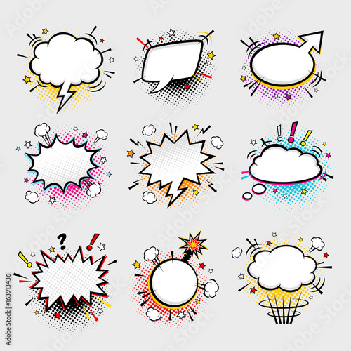 Comic empty speech bubbles on halftone dots background with colorful details in pop art style. Vector set of dynamic cartoon funny dialog balloons sketch isolated on grey background.