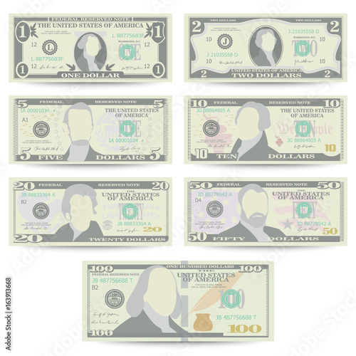 Dollars Banknote Set Vector. Cartoon US Currency. Front Side Of American Money Bill Isolated Illustration. Cash Dollar Symbol. Every Denomination Of US Currency Note.
