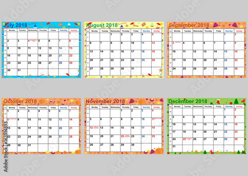 Farbenfroher Kalender 2018 für die USA mit gesetzlichen Feiertagen. Set aus 6 einzelnen Monaten, Juli bis Dezember. Vektor, Wochenstart Montag.