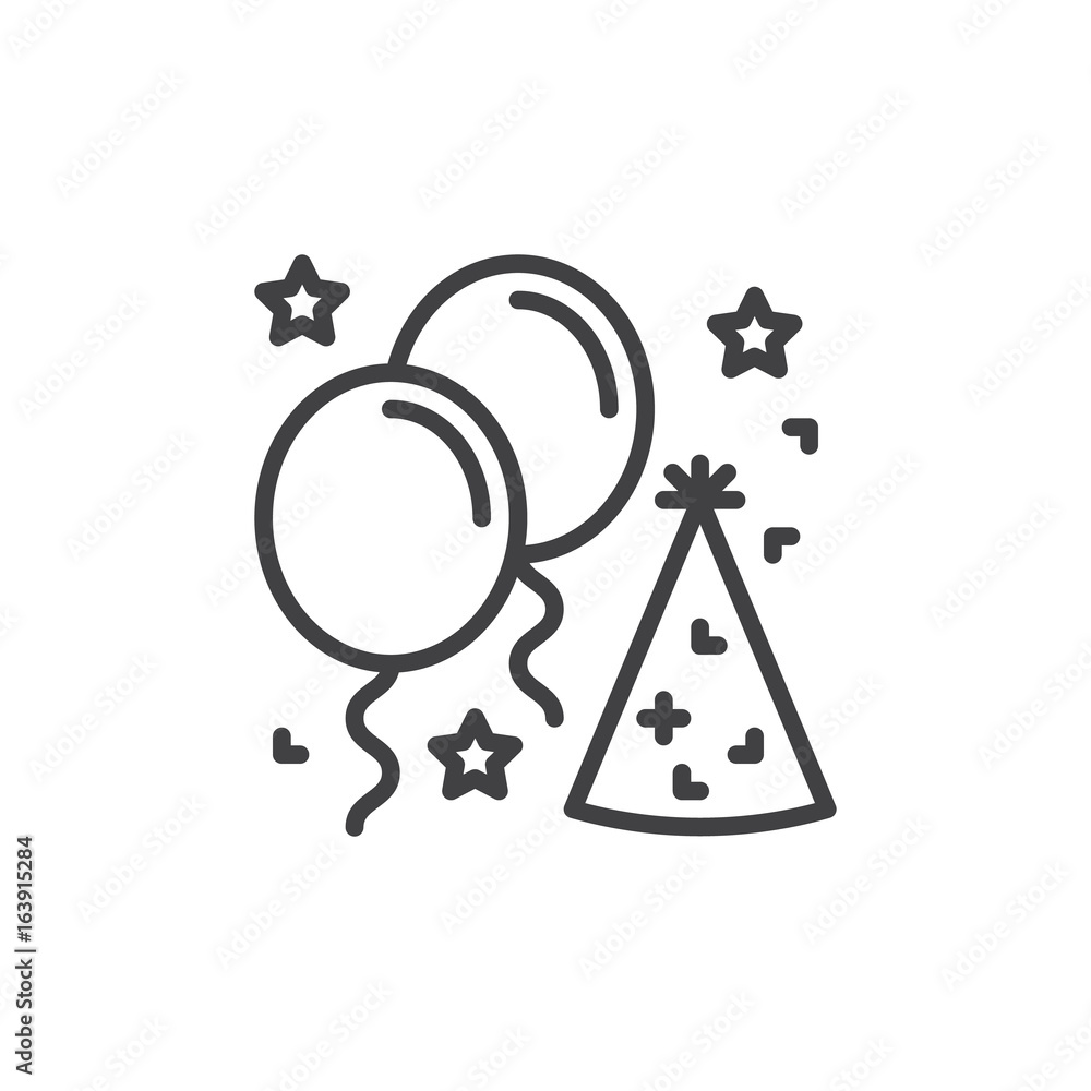 Party hat and festive balloons line icon, outline vector sign, linear style pictogram isolated on white. Holiday, party symbol, logo illustration. Editable stroke. Pixel perfect graphics Party hat and festive balloons line icon, outline vector sign, linear style pictogram isolated on white. Holiday, party symbol, logo illustration. Editable stroke. Pixel perfect graphics