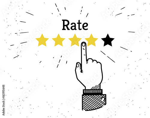 Human hand leaving five stars rating. Retro fashioned vector illustration of human forefinger increasing rating stars with text rate on grunge background.