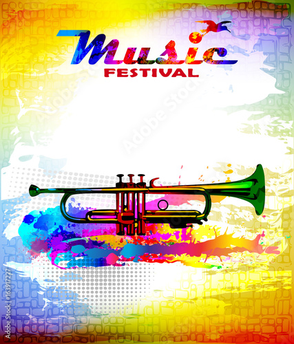 Colorful music festival flyer, banner with trumpet