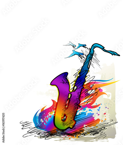 Ink painting, music background with saxophone and flying birds