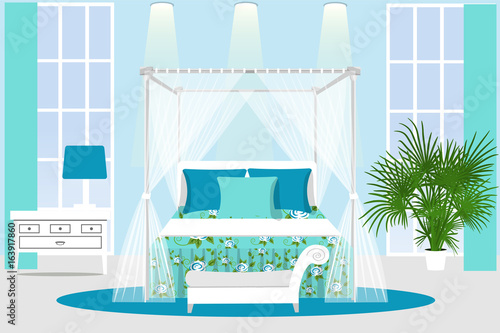 The interior of the bedroom. Elegant room in blue color with the furniture. cartoon. Vector illustration.