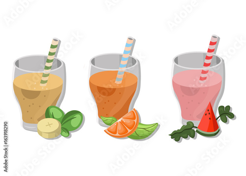 Fresh smoothies drinks cocktails banana, orange, watermelon Vector illustration