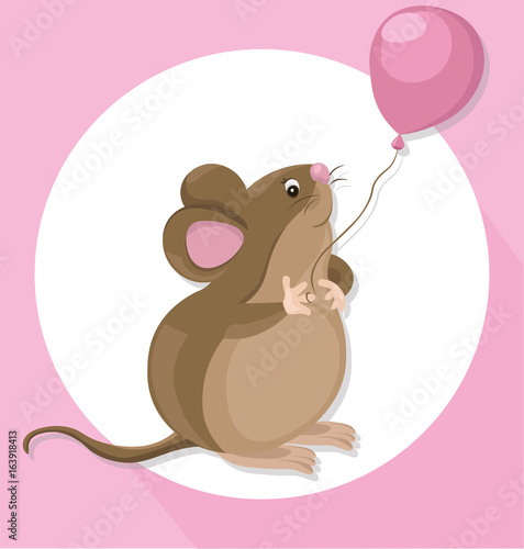 Funny cute mouse cartoon character with a baloon. Vector illustration