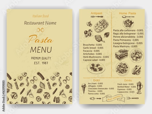 Vector illustration sketch - pasta. Card menu italian restaurant. Banner italan food.