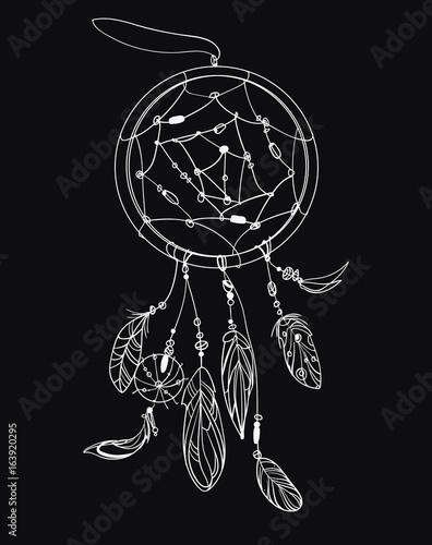 Vector illustration of a dream catcher with feathers. Indian totem with feathers. Hippie decoration. Black and white drawing by hand. Linear Art. Tattoo.