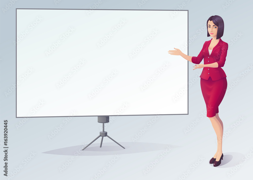 Cute young business woman in red clothes, pointing at the empty standing presentation display board. Vector illustration Cute young business woman in red clothes, pointing at the empty standing presentation display board. Vector illustration