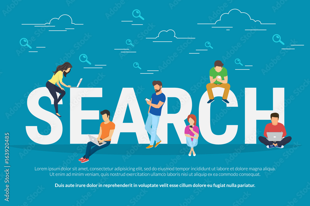 Obraz premium Online searching concept vector illustration of young people using mobile smarthone and laptop for searching info in web browser. Flat design of guys and young women on letters with magnifier symbols