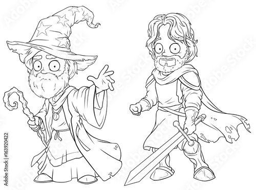 Cartoon medieval wizard and brave knight character vector set
