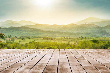 wooden table top with the mountain landscape