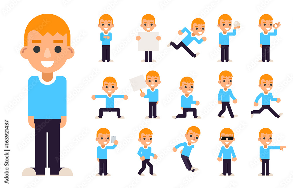 Boy in Different Poses and Actions Teen Characters Icons Set Isolated Flat Design Vector Illustration Boy in Different Poses and Actions Teen Characters Icons Set Isolated Flat Design Vector Illustration