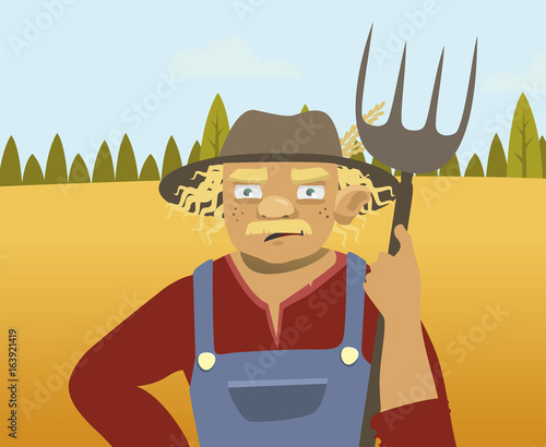 elderly farmer on the background of fields and trees. vector illustration