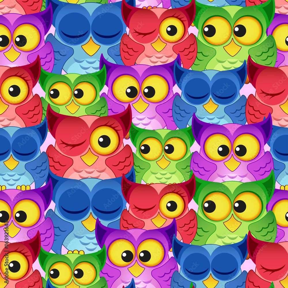 Seamless pattern with colorful owls