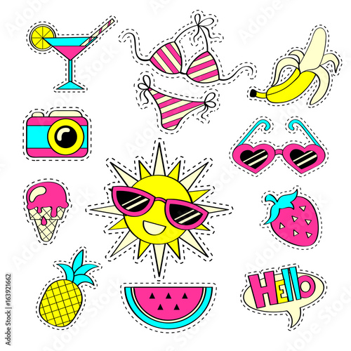 Fashion girlish patch badges with strawberry, watermelon, sunglasses, ice cream, camera, sun, banana, swimsuit, pineapple, cocktail. Stickers in cartoon 80s-90s comic style. Summer collection