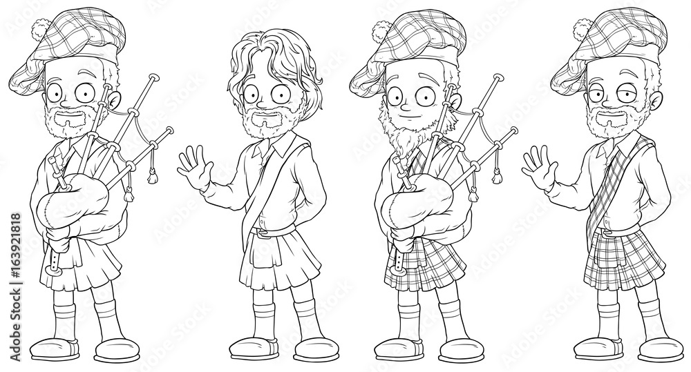 Cartoon scottish with bagpipe character vector set