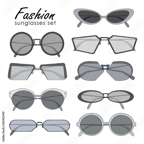 Fashionable sunglasses collection. Different shape spectacles. Colorful vecto...