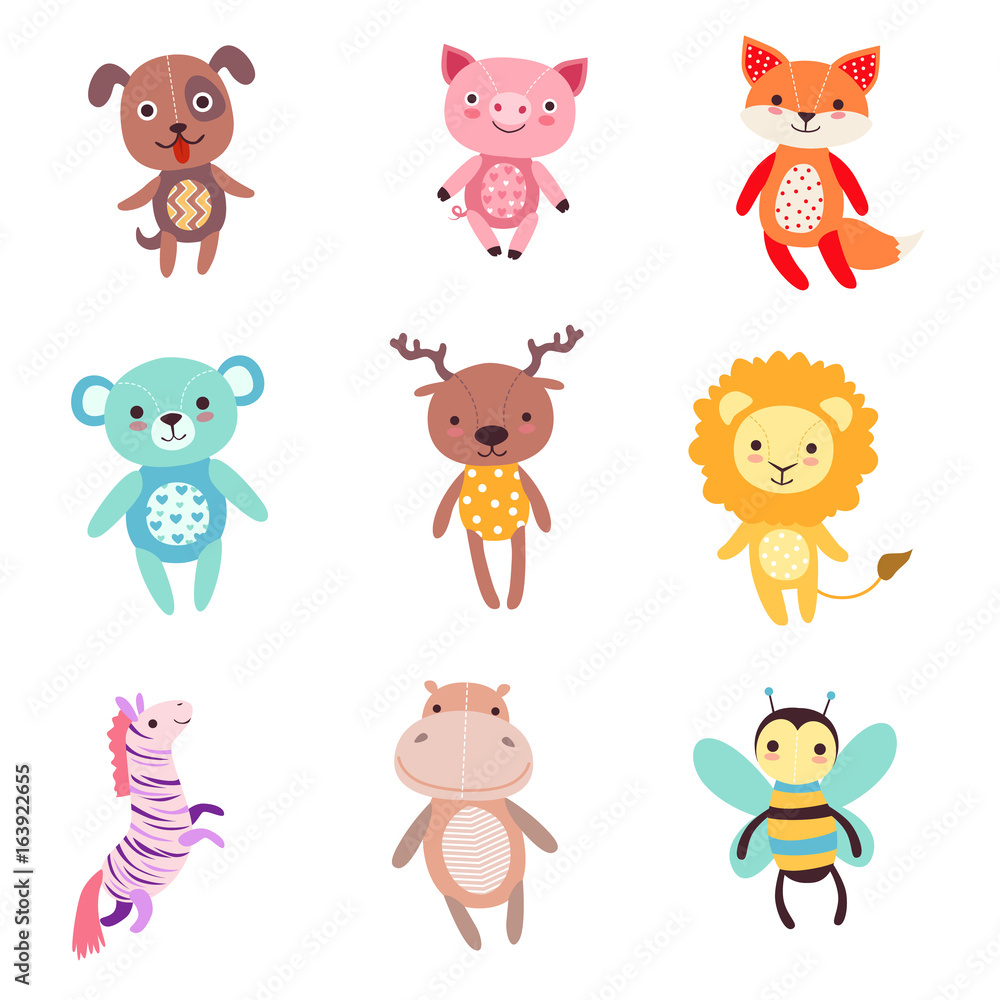 Cute colorful soft plush animal toys set of vector Illustrations Cute colorful soft plush animal toys set of vector Illustrations