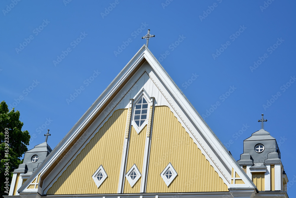 Fragment of Free church against the background of the sky. Kotka, Finland