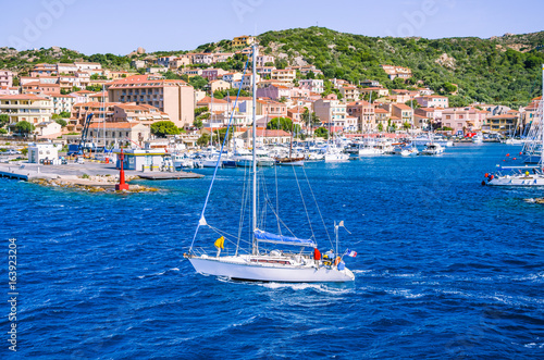 Sailboat in front of Port La Maddalena Island, Sardinia, Italy photo