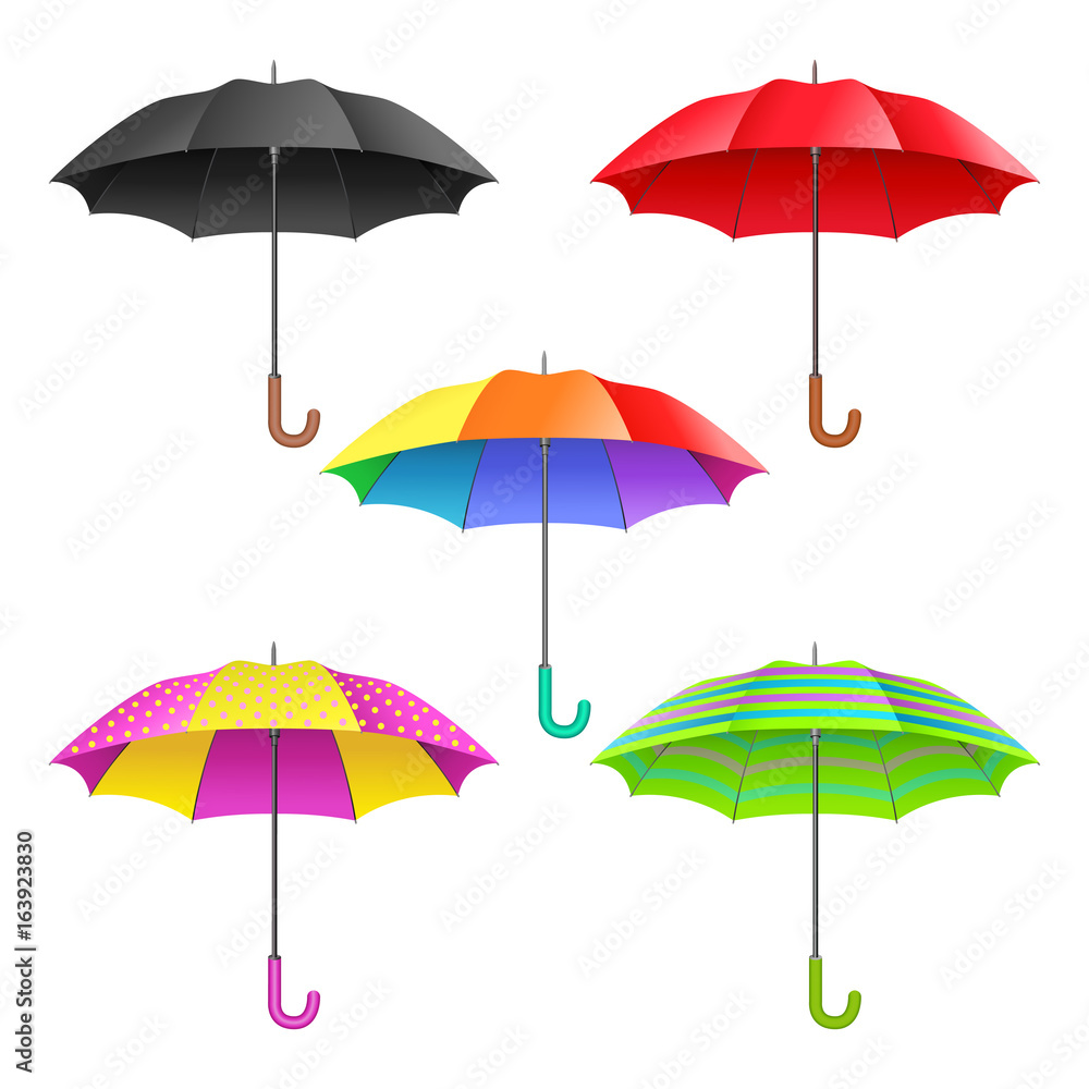 Set of colored realistic open umbrellas. Umbrellas collection isolated on white background. Vector illustration.