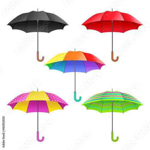 Set of colored realistic open umbrellas. Umbrellas collection isolated on white background. Vector illustration.