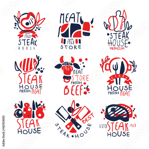 Meat store, steak house logo template set, colorful hand drawn vector Illustrations