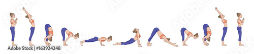 Sun salutation. Surya namaskara A. Yoga sequence.