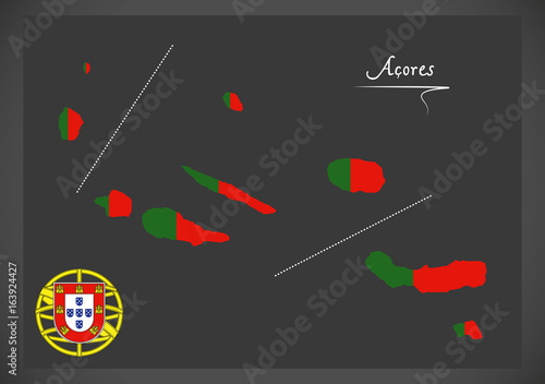 Acores Portugal map with Portuguese national flag illustration