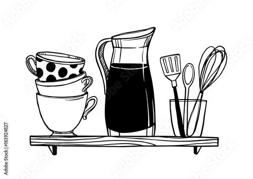 Hand drawn vector illustration - Crockery on the shelf (cups, pitcher, kitchen appliances). Design elements in sketch style. Perfect for prints, cards, menu, vinyl stickers etc