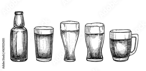 Hand drawn vector illustrations - beer glasses and mugs. Octoberfest or beer fest. Design elements in engraving style. Perfect for invitations, greeting cards, posters, prints