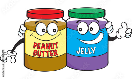 Black and cartoon jar of peanut butter holding Black and white illustration of a jar of peanut butter holding a sign.