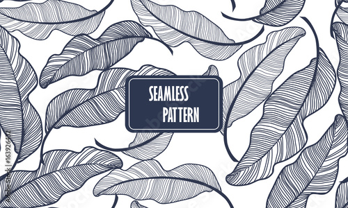 Seamless tropical pattern with banana leaves. Vector hand drawn illustration.