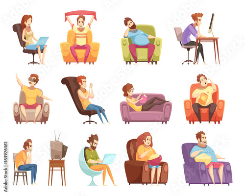 Sedentary Lifestyle Retro Cartoon Icons Set © Macrovector