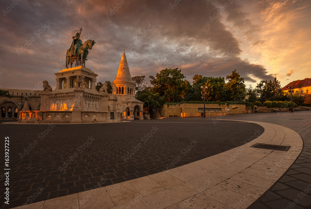 Budapest, Hungary - Beautiful morning lights at Fisherman's Bastion and statue of Stephen I. with colorful sky and clouds