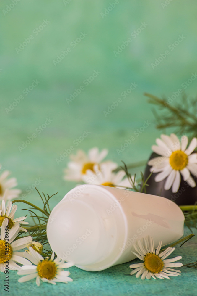 Daily body care and hygiene. Roller deodorant and fresh chamomile flowers on a green background. For gentle and sensitive skin.