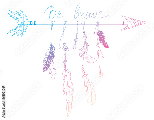 Vector illustration of an arrow with feathers. Indian stylized totem. Drawing by hand. Linear Art. Tattoo.