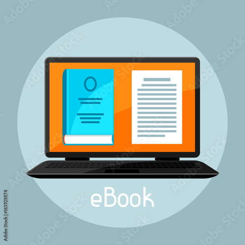 E-book concept. Laptop with book. Digital library online reading