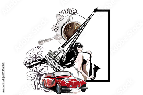 Design with the Eiffel tower and a retro car, cup of coffee and girl musician.