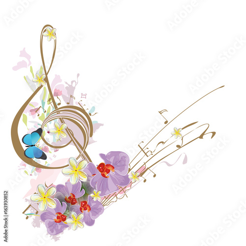 Abstract treble clef decorated with tropical leaves and flowers